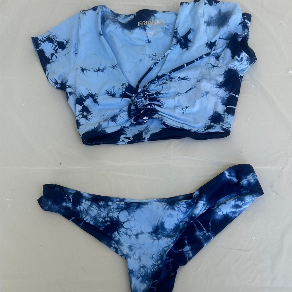 Frankie's Bikinis Light Blue and Navy Tie-Dye Crop Bikini Set